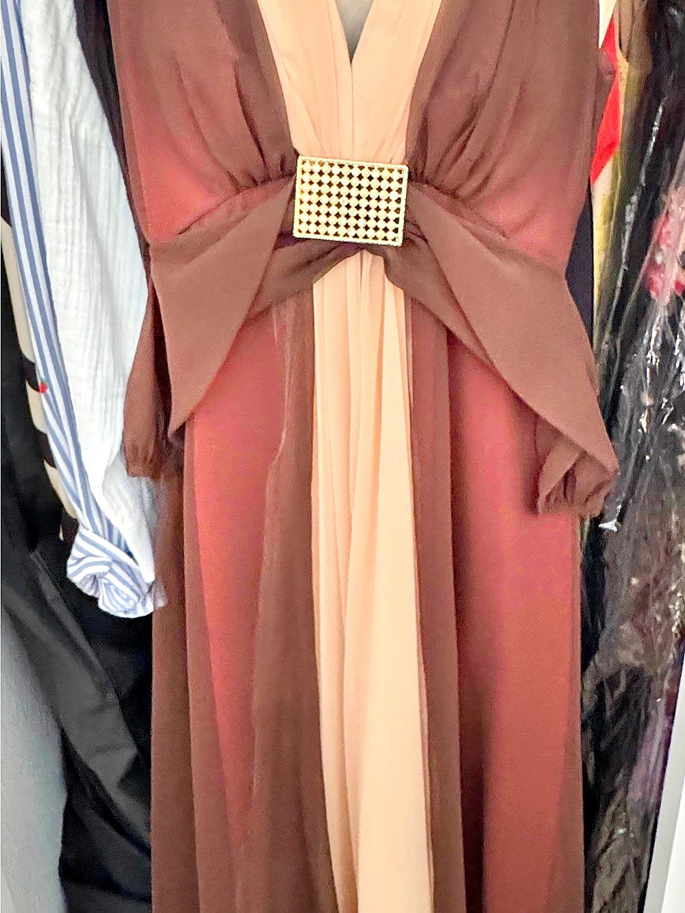 Vintage 70s Chocolate Brown Blush Chiffon Jeweled Maxi Gown XXS XS